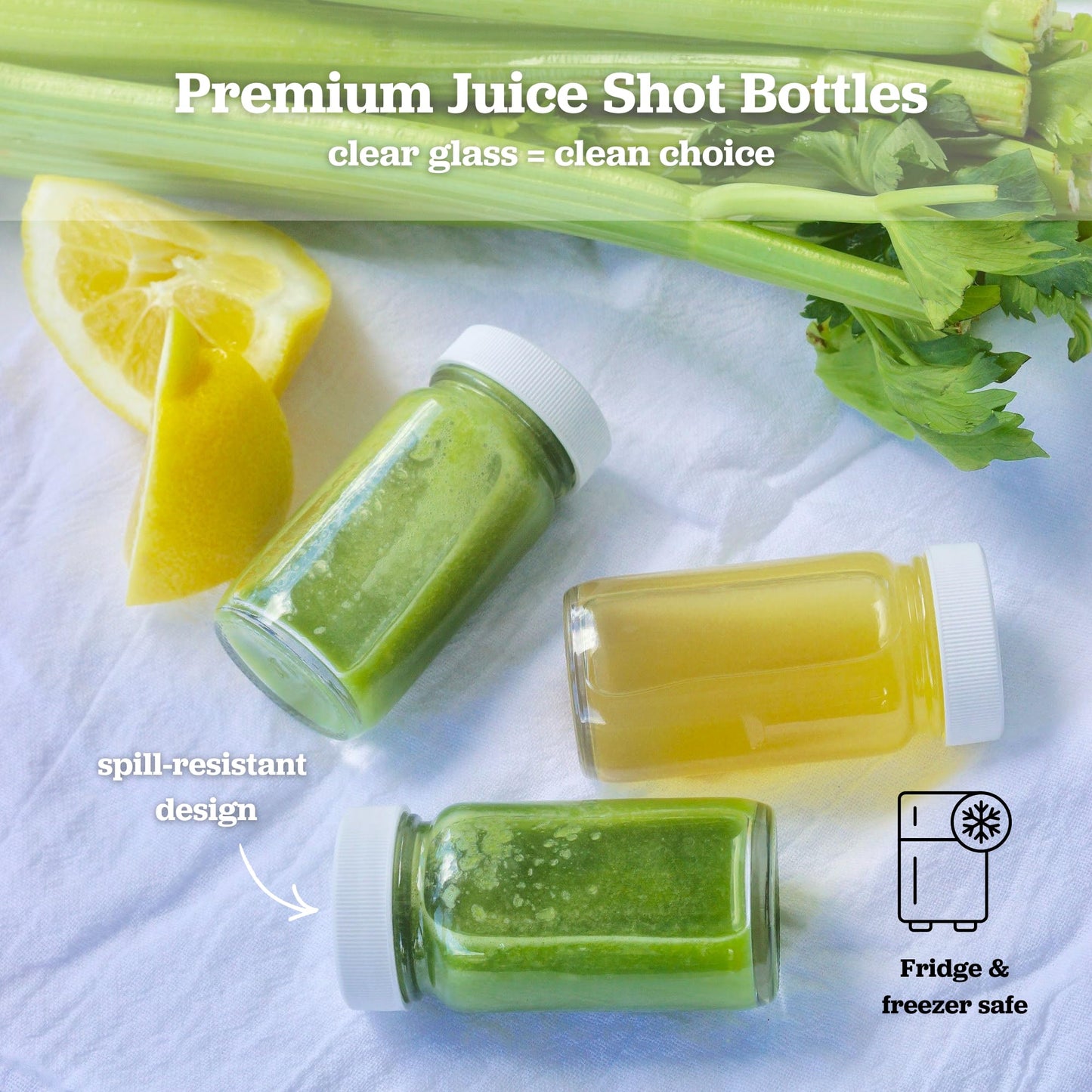 Juice Shot Bottles Set - Wide Mouth for Juicing, Beverage Storage, Liquids, 2 oz, Clear Small Glass Bottles with White Caps, Reusable, Leak Proof, Jars (8 pack)