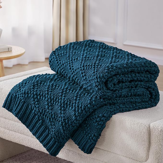 Knitted Weighted Blanket for Adult, Chunky Knit Weighted Throw for Sleep 50"*60" 5lbs, Cooling Breathable Heavy Blanket for Hot Sleepers, Machine Washable Blanket for Room Decor(Peacock)