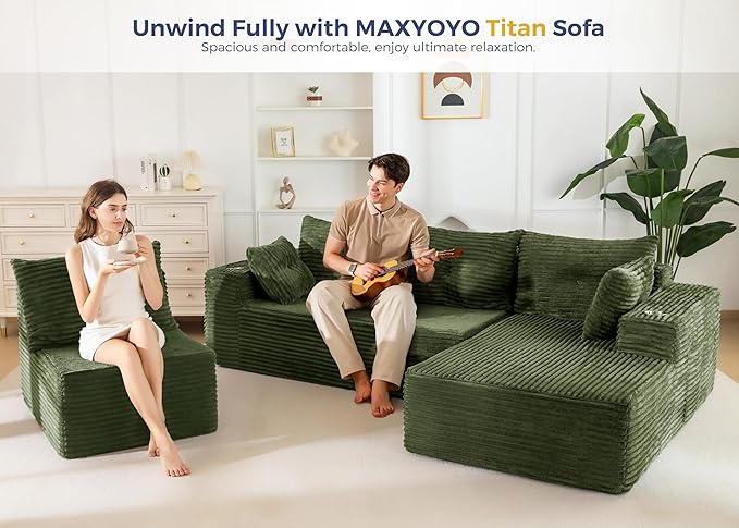 MAXYOYO 132" Oversize Modular Sectional Couch with L-Shape Chaise, Modern Boneless Couch for Living Room, Sofa in A Box, Oversized Sofa Sleeper with Deep Seat, No Assembly Required, Green