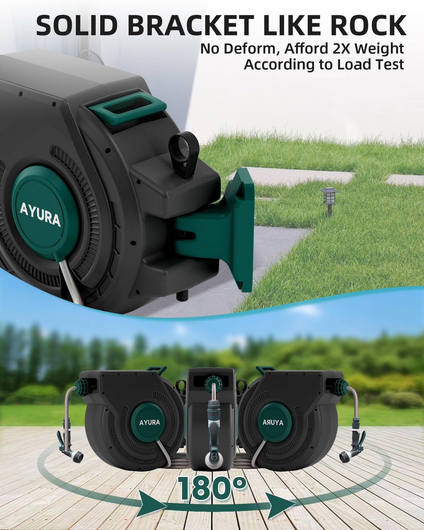 AYURA Retractable Garden Hose Reel 100 ft x 1/2 inch with Pro Metal Shaft, Heavy Duty Automatic Garden Hose Reels with Kink-Free Rewind and Lock at Any Length, Wall Mount Water Hose Reel for Outside