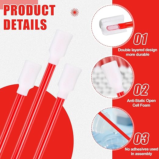 Dunzy 300 Pcs Foam Cleaning Swab Stick 5.12" Red Square Rectangle Sponge Tip Swabs for Solvent Format Inkjet Printer Optical Equipment