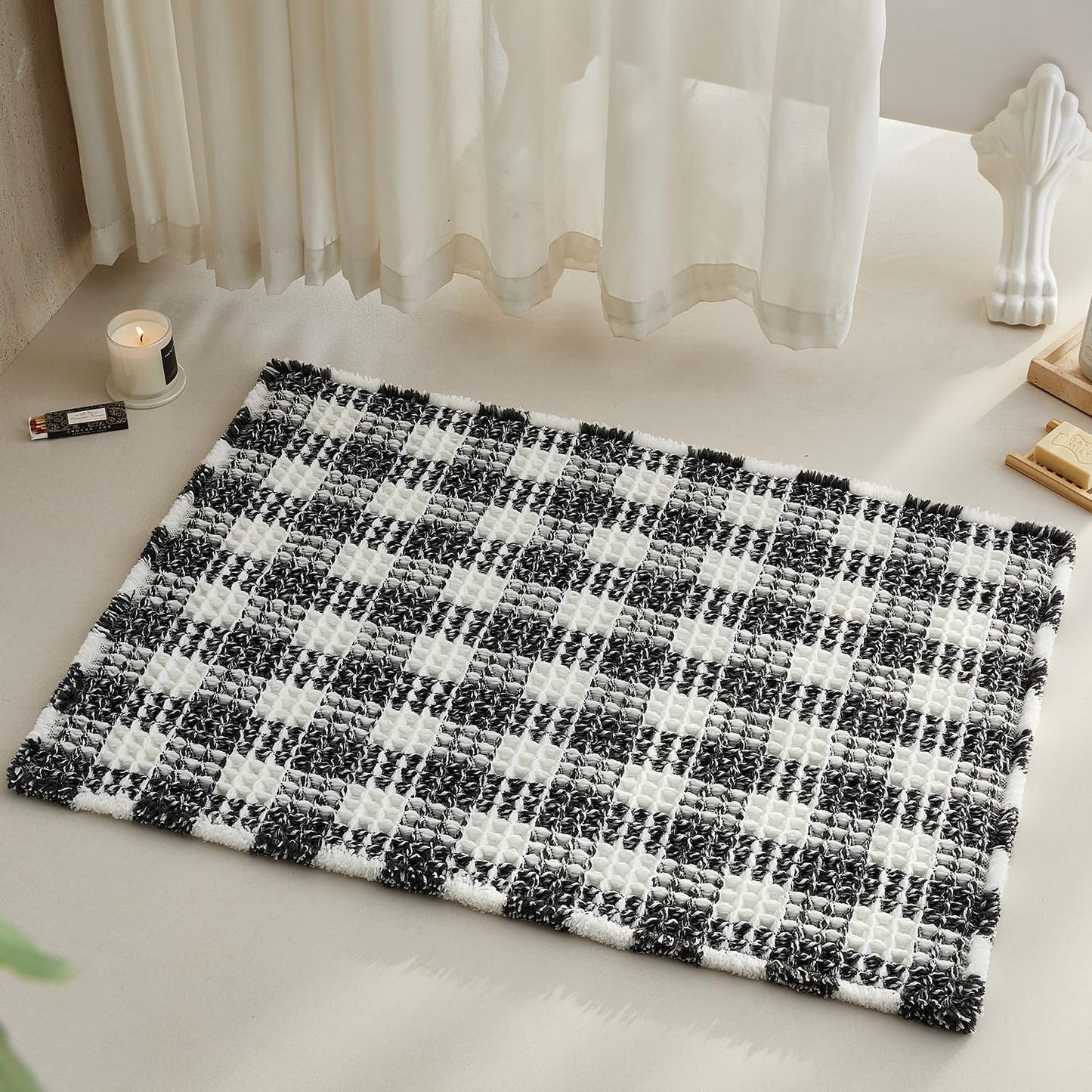 Waffle Bath Mat, Boho Bathroom Rugs Non Slip Washable Absorbent Checkered Bathroom Mat Quick Dry Farmhouse Bathroom Decor, 36"x24" Black and White