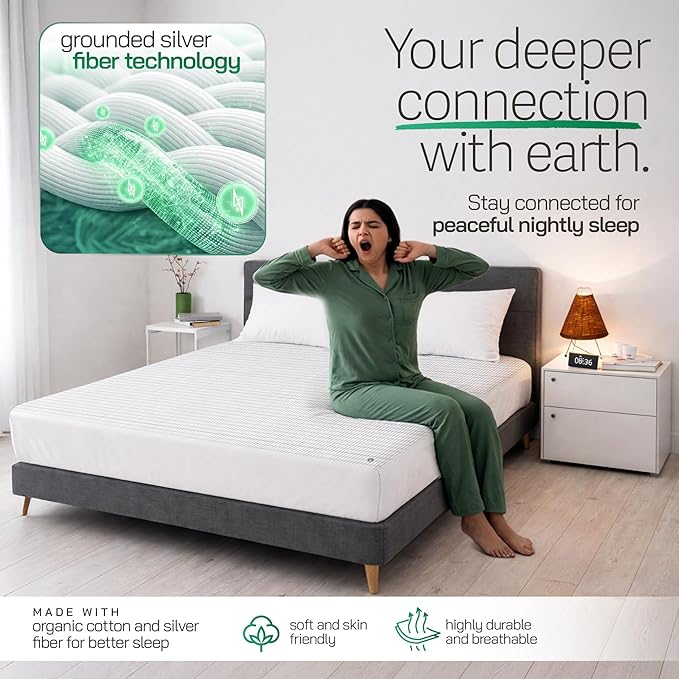 Earthbound Grounding Sheets Full Size - Improve Sleep and Relax with Our 90% Organic Cotton, 10% Pure Silver Grounded Sheet | Reduce Inflammation w/Well Deep Pocket Grounding Well Bed Sheet - White