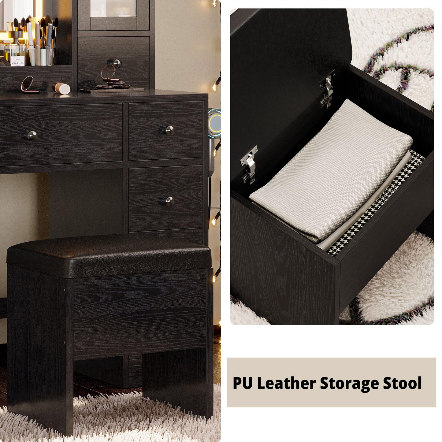 IRONCK Vanity Desk with LED Lights Mirror and Charging Station, Makeup Vanity Table with Jewelry Armoire, Storage Bench, and 11 Drawers,Black