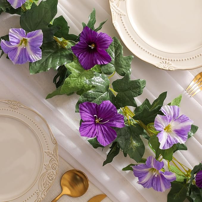 Floweroyal 2 Pack Artificial Flower Garlands 15.8FT Fake Morning Glory Vines Silk Flowers Hanging Garland Ivy for Wedding Arch Party Home Garden Wall Decor (Purple)