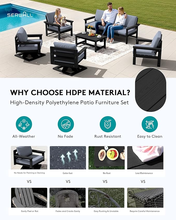 SERWALL HDPE Outdoor Patio Furniture Set, 8-Piece Outdoor Sectional Sofa with 2 Swivel Sofas with Thick Cushions for Deck, Black Frame with Gray Cushions