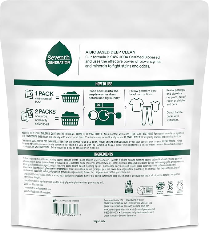 Seventh Generation Laundry Detergent Packs, Lavender, Biobased Deep Clean, EPA Safer Choice Certified, 64 Count (Pack of 2)
