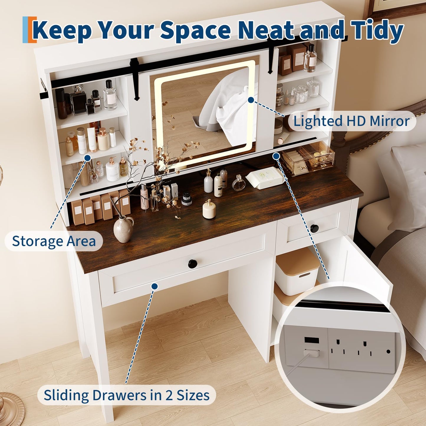 Garvee Vanity Desk with LED Lighted Mirror & Power Outlet, Makeup Table with 3 Drawers, Cabinet & Storage Stool, Dressing Table with Shelves for Bedroom, White