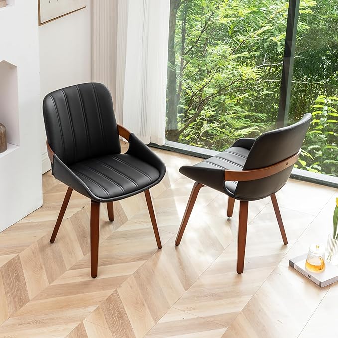 YOUUGIOR Mid Century Modern Faux Leather Upholstered Dining Chairs,Armless Accent Chairs with Sturdy Natural Wood Legs,Bamboo Backrest Support for Kitchen&Dining Room Chairs(Set of 4,Black PU)