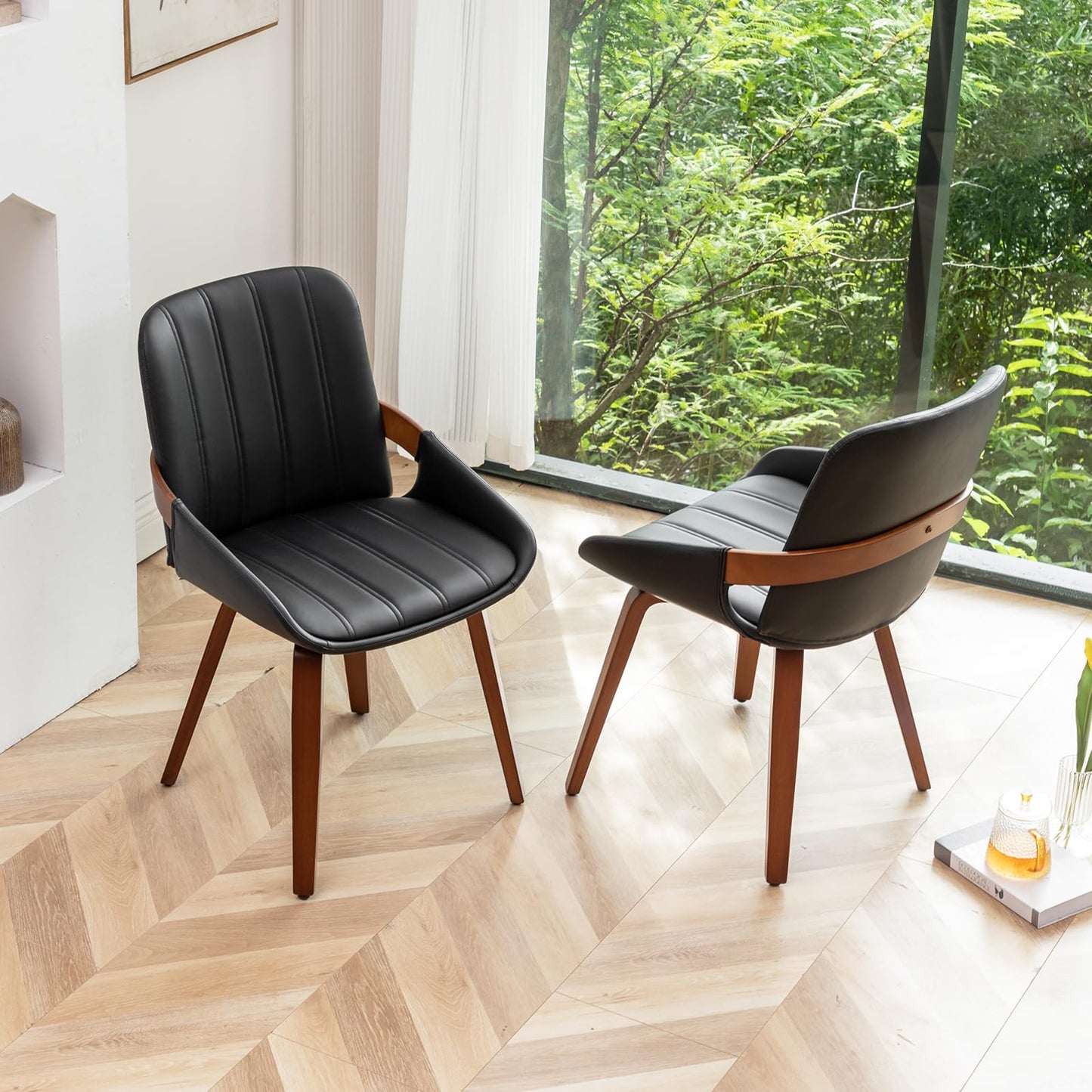 YOUUGIOR Mid Century Modern Faux Leather Upholstered Dining Chairs,Armless Accent Chairs with Sturdy Natural Wood Legs,Bamboo Backrest Support for Kitchen&Dining Room Chairs(1PCS,Black)