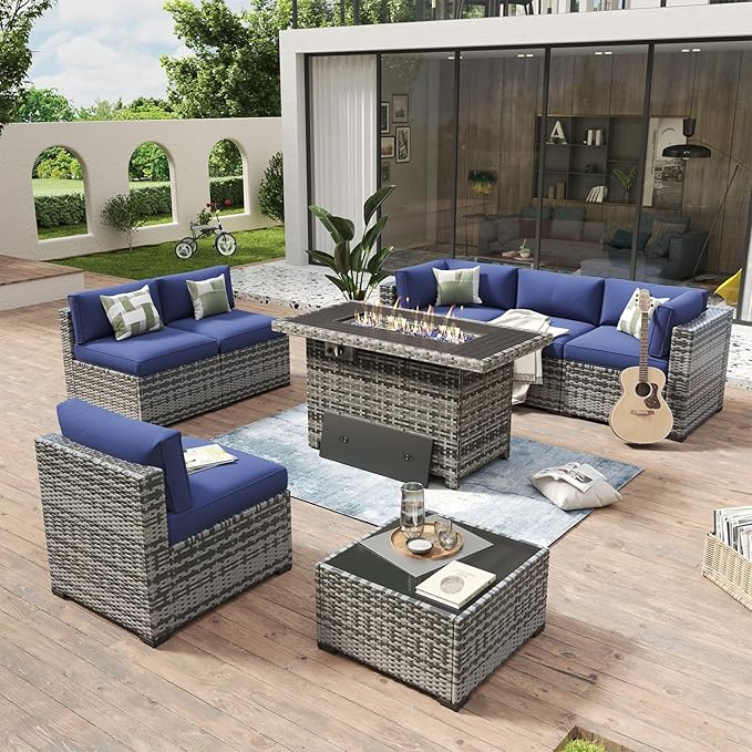 Aoxun 8 Piece Patio Furniture Set with 40'' Fire Pit Table Wicker Rattan Patio Conversation Set Outdoor Sectional Sofa Set with Coffee Table, Grey/Blue(Waterproof Cover Included)