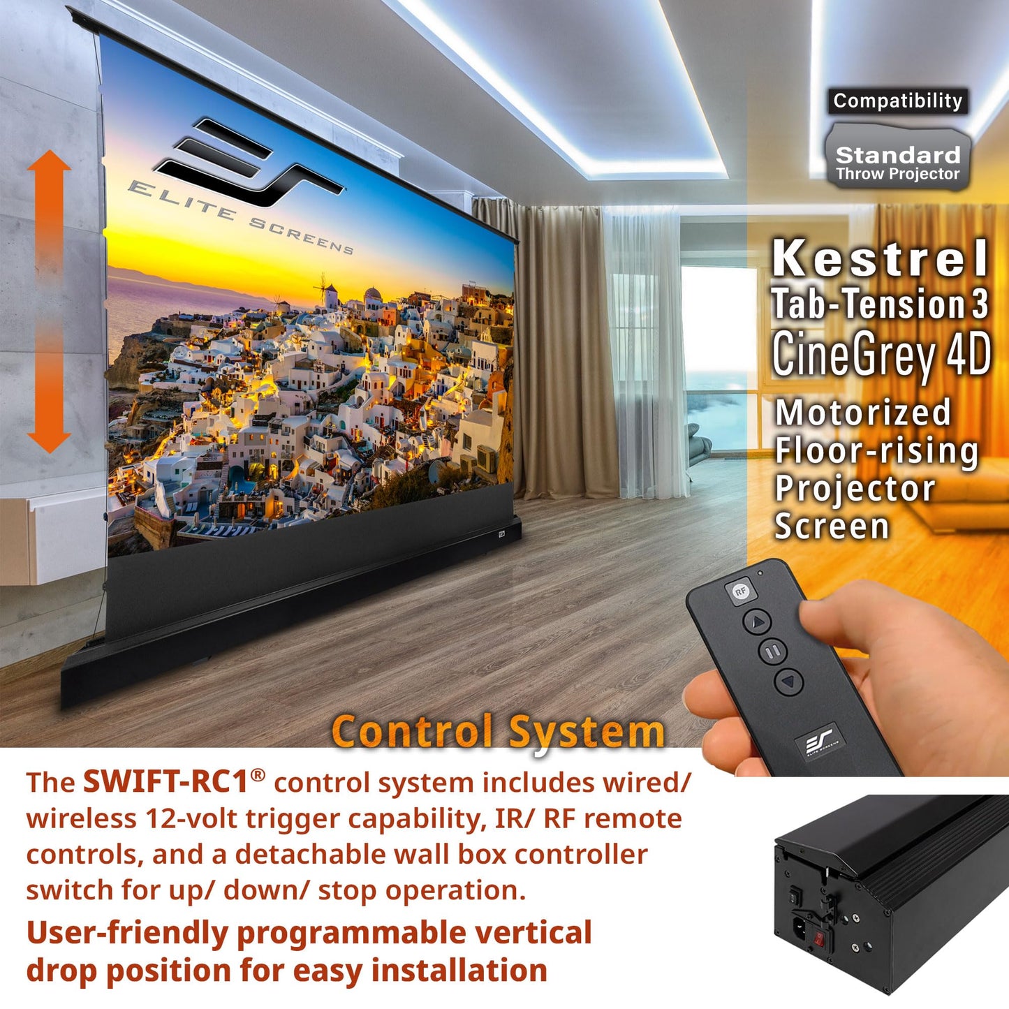 Elite Screens Kestrel Tab-Tension Pro CineGrey 4D, 135" Diag., 16:9 Aspect Ratio, ISF Certified 4K/8K Ultra HD Electric Floor-Rising Motorized Tab-Tensioned Front Projector Screen, FTE135H3-C4D