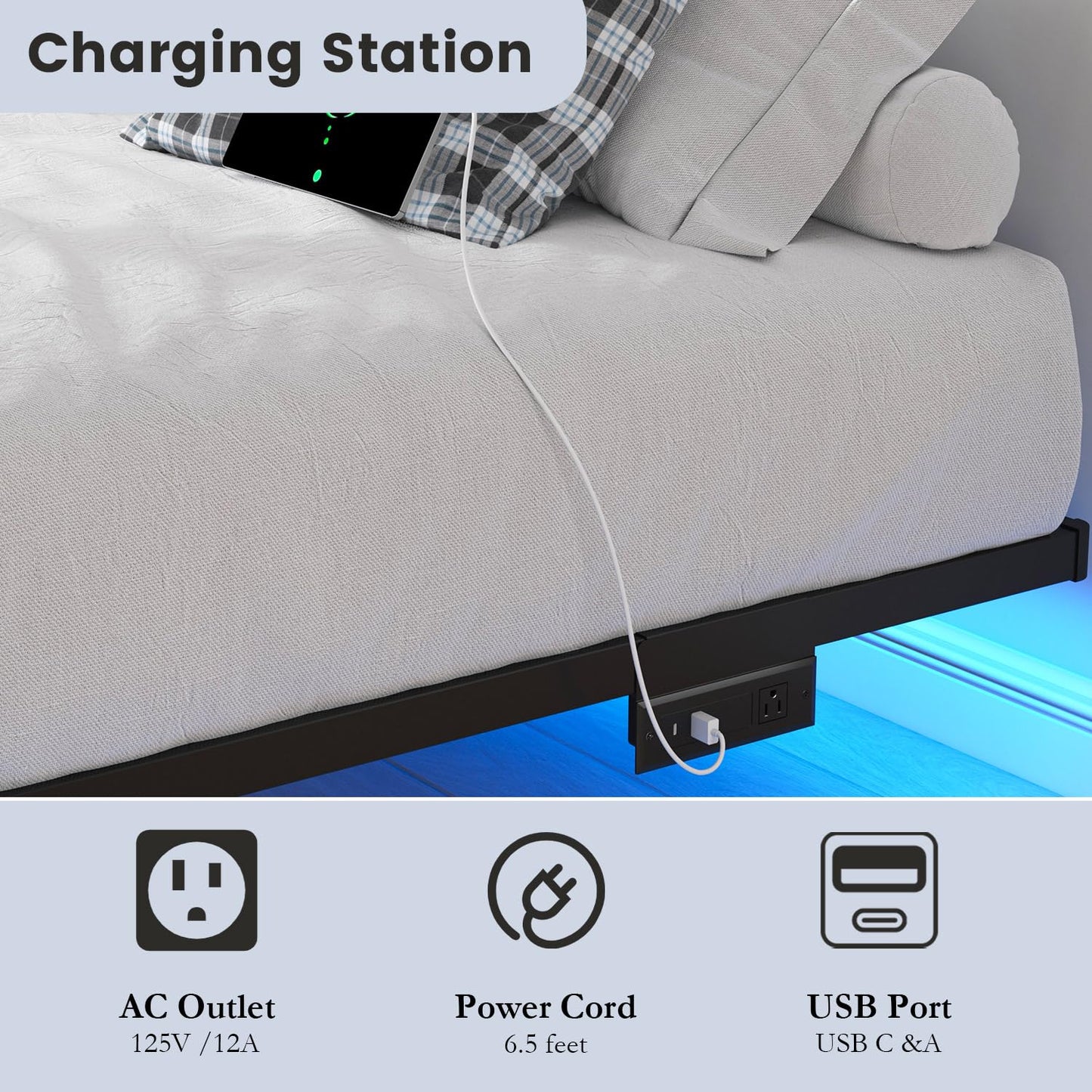 HAVONIZD Floating Bed Frame Queen with LED Lights and Charging Station - 8 inch Platform Bed Frame No Box Spring Needed, Easy Assembly