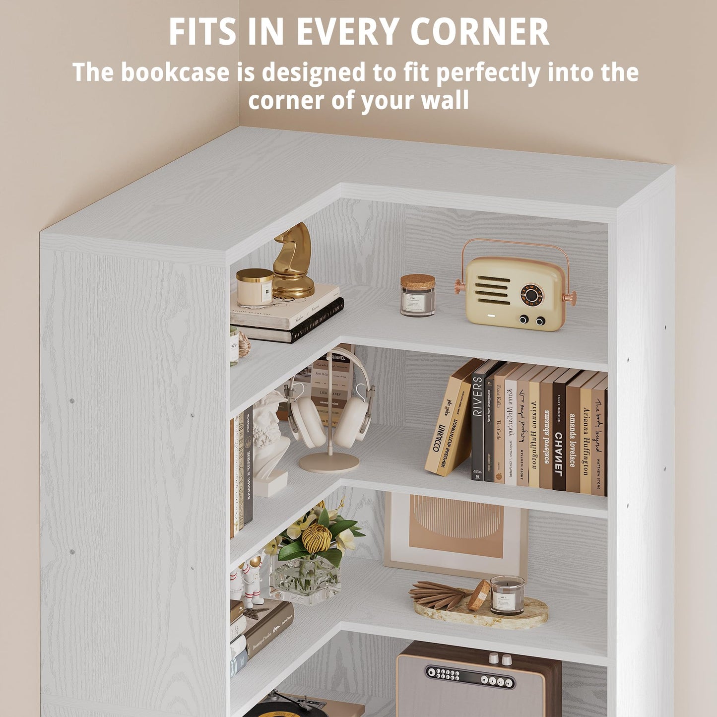 IRONCK 81" Corner Bookshelf with Door, 6 Tiers Large Bookshelves with Storage Rack, Tall Bookcase for Living Room Home Office, White