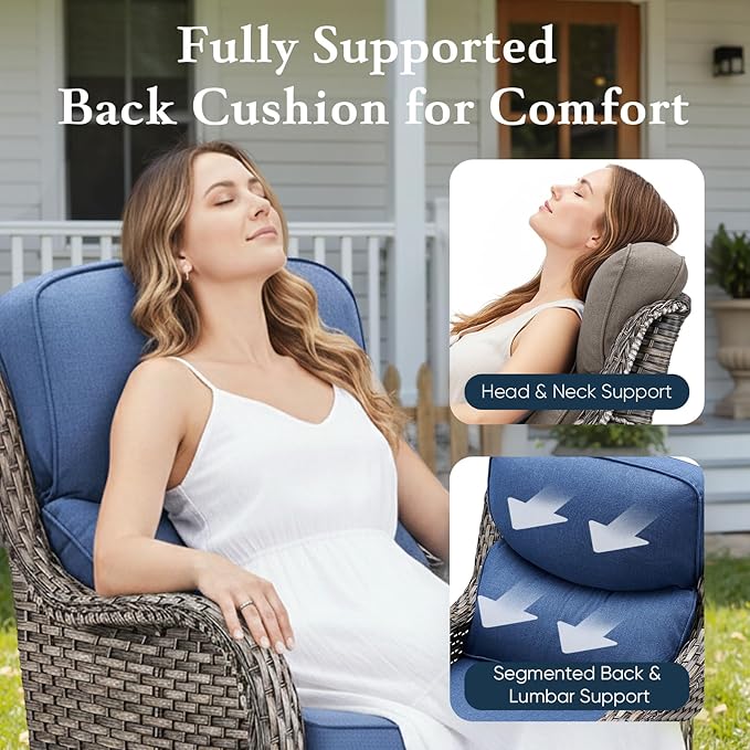 Belord Luxury 6" Thick Cushioned Outdoor Swivel Rocker Patio Chairs with Side Table, High Back Wicker Furniture Set with Ergonomic Zone Back, Conversation Glider Set for Deck Porch - Grey+Blue