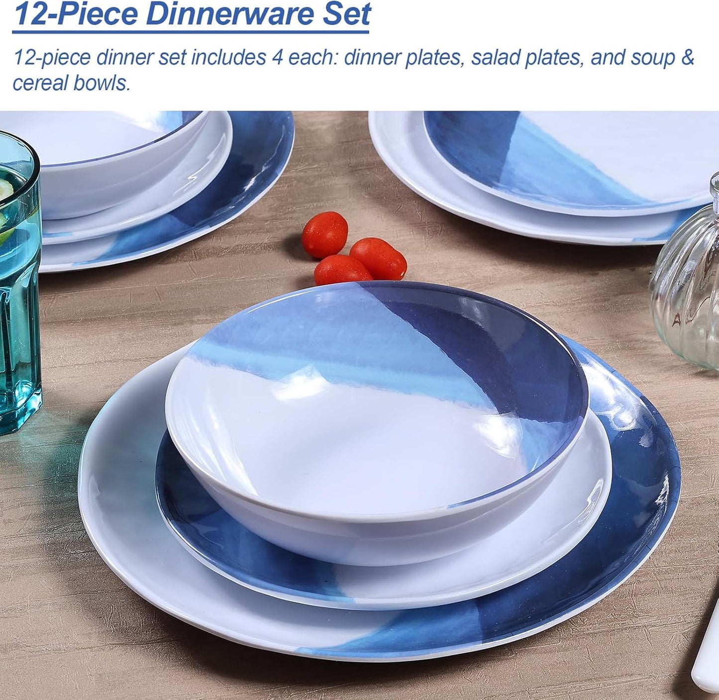 Melamine Plates and Bowls Set - 12pcs Dinnerware Dishes Set for 4, Dinner Plates for Indoor and Outdoor Use, Lightweight Break-resistant, Blue & White