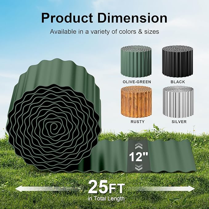Land Guard Corrugated Metal Garden Edging, 12"×25Ft Steel Landscape Edging, Corrugated Metal Yard Edging Borders, Steel Edging for Landscaping, Garden Fence, Lawn, Flower Bed (Olive-Green)
