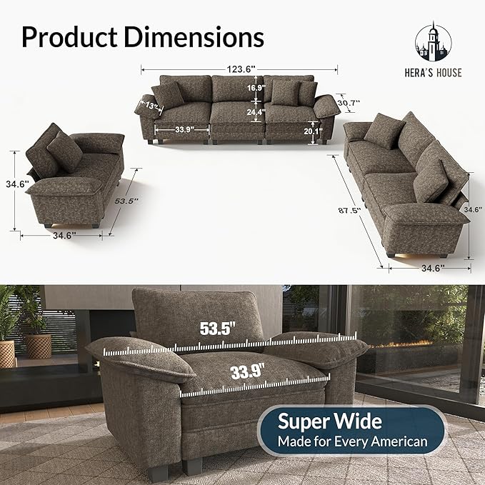 HERA'S HOUSE 3 Pieces Modular Sectional Sofa Sets, Oversized Couch Set with Loveseats and Armchair, Comfy Cloud Couches with Throw Pillows, 6-Seater Deep Seat Sofa for Living Room, Chenille Ash