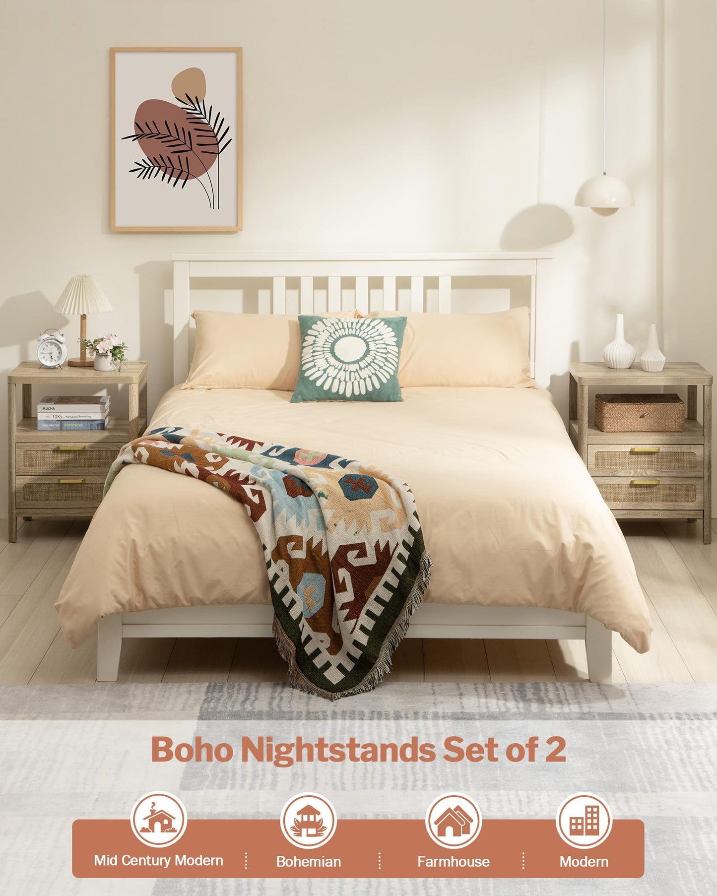 Nightstands Set of 2 - Rattan Night Stand Bedside Table with 2 Rattan Drawers, Open Storage Shelf, Farmhouse Wood Bed Side Tables End Table for Bedroom Living Room, Natural
