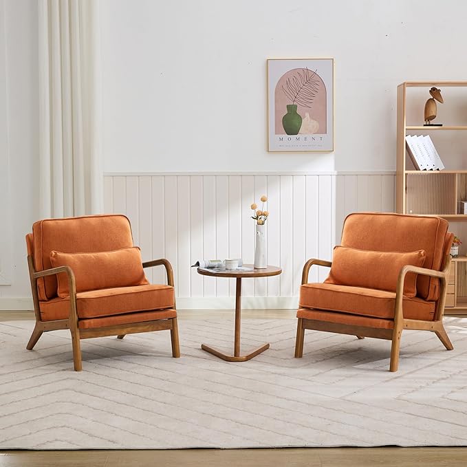 Mid-Century Accent Chair Set of 2, Linen Fabric Lounge Chair with Wide Armrest,13-16.5'' Low Seat Height Armchair with Lumbar Pillow & Solid Wood Frame for Living Room, Bedroom, Balcony(Orange)