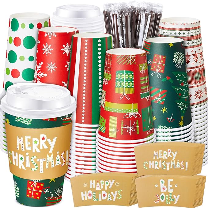 Sunnychicc 120 Sets Christmas Coffee Cups with Lids and Sleeves Stirrers Christmas Disposable Hot chocolate Cocoa Paper Cu...