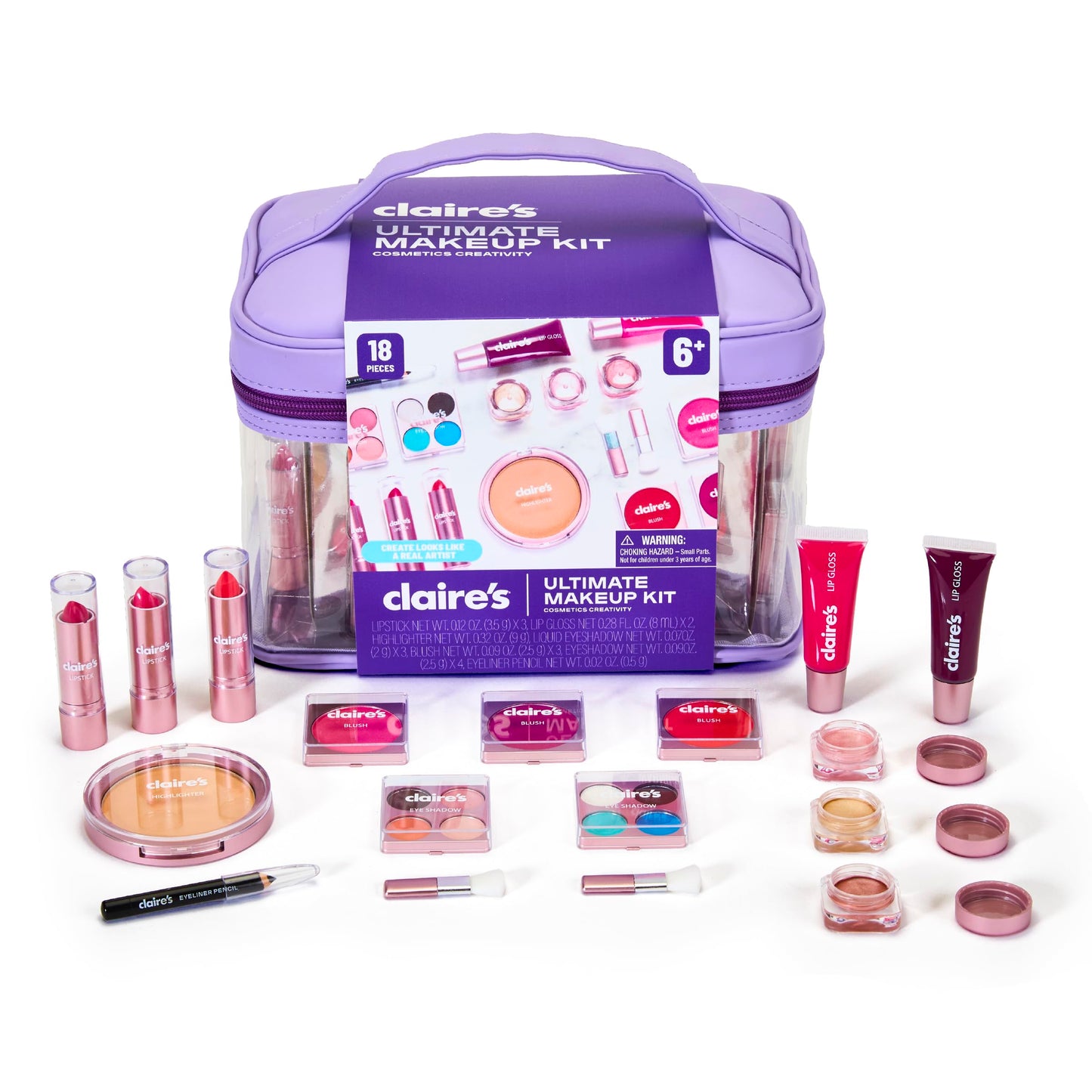 Claire's Ultimate Makeup Kit, 18-Piece Real Cosmetic Set, Makeup for Kids 8-12, Girl Toys & Beauty Activity Gift with Lip Gloss, Lipstick, Eyeshadow, Eyeliner, Blush, Highlighter & Carry Case