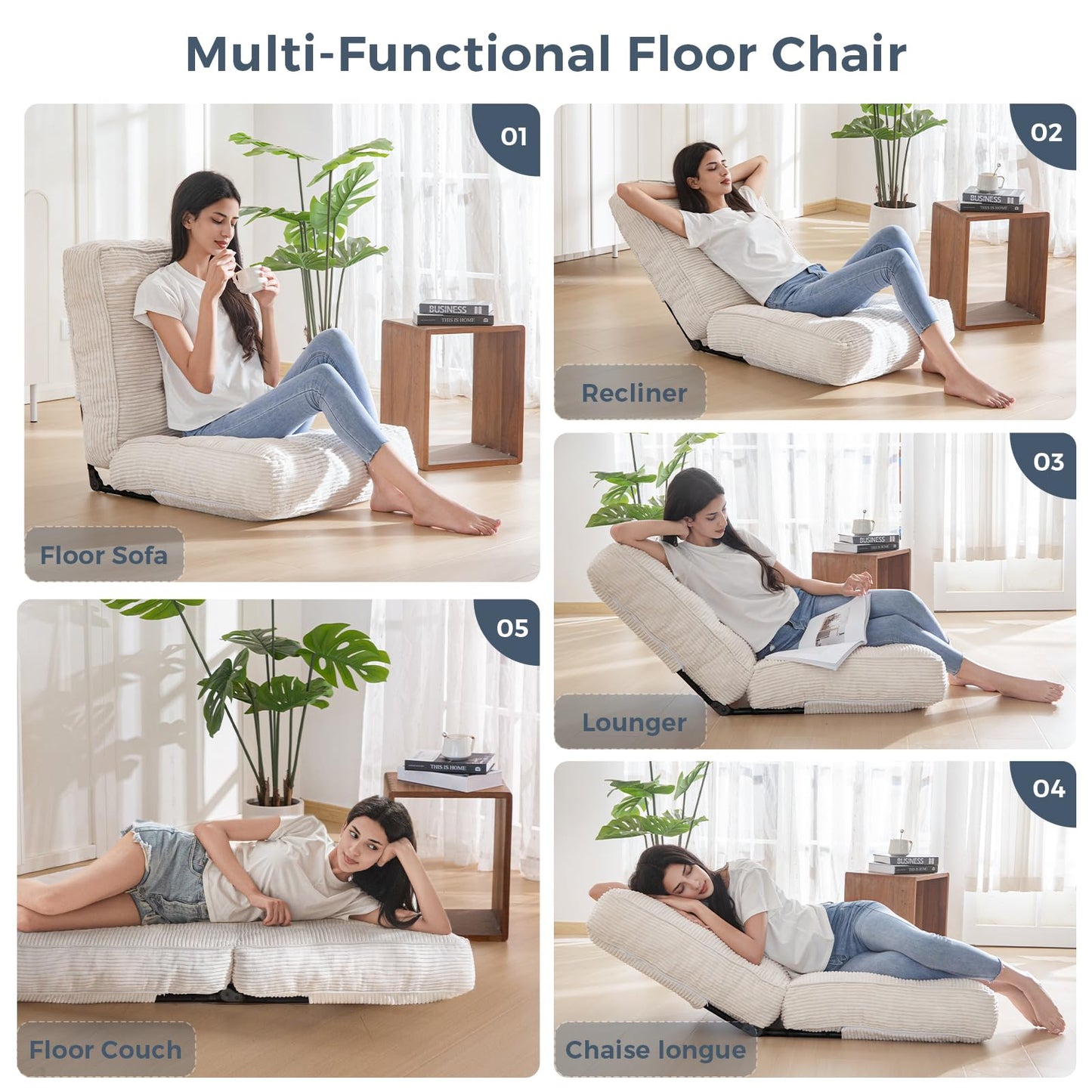 MAXYOYO Adjustable Floor Chair with Back Support, Gaming Floor Meditation Chair with Tufted Cushion, Adults Lounge Couch Folding Sofa Seat for Reading Meditating Sleeping, Beige
