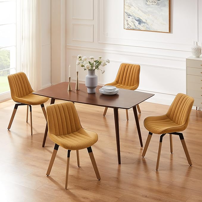 Art Leon Dining Chairs Set of 4, Mid Century Modern Swivel Kitchen Dining Room Chairs, Upholstered Faux Leather Armless Side Chairs with Wood Legs for Living Room Bedroom, Yellow Brown