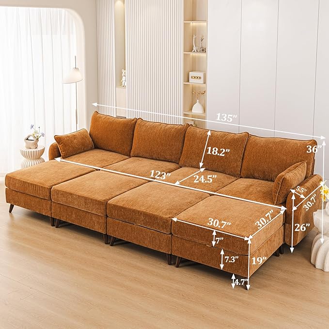 Rexulqo 135'' Modular Sectional Sofa with Seats Storage, Oversized Sleeper Sofa Bed,4-Seater Comfy Cloud Couches with Movable Ottoman,24.5'' Deep Seat,Big Sofas for Living Room,Bedroom,Velet,Yellow