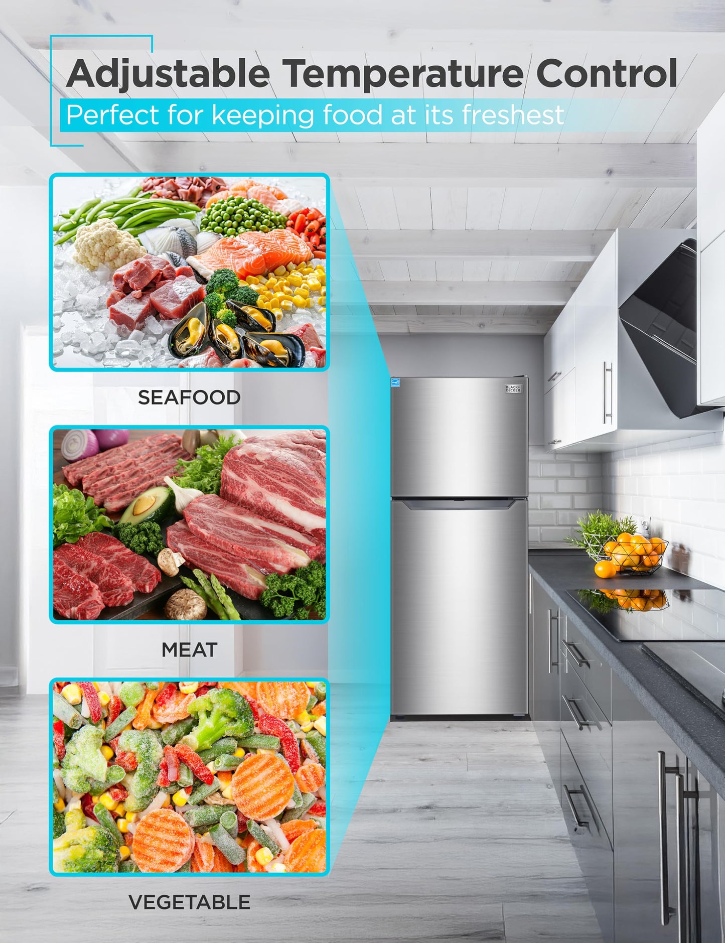 BLACK+DECKER 12.1 Cu. Ft. Top Mount Refrigerator with Freezer, 2 Door Refrigerator with Top Freezer and Adjustable Temperature Control, ENERGY STAR, BR1210HS, Stainless Steel Look