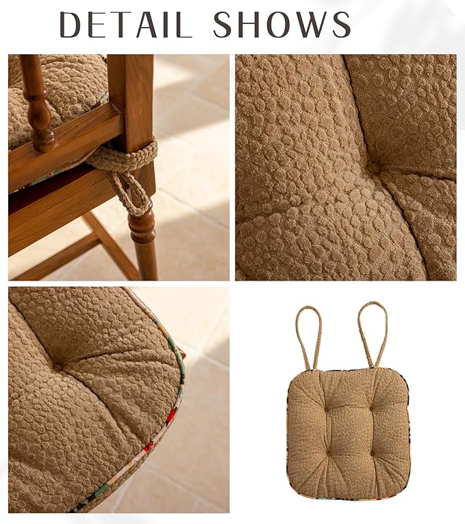Huierxun Soft Comfort Chair Pads with 3D Dots Pattern Jacquard Warm Square Chair Cushion with Ties Thicken Non-Slip Floor Pillow Fluffy Seat Cushion for Office Dining Kitchen (Coffee,15"x15")