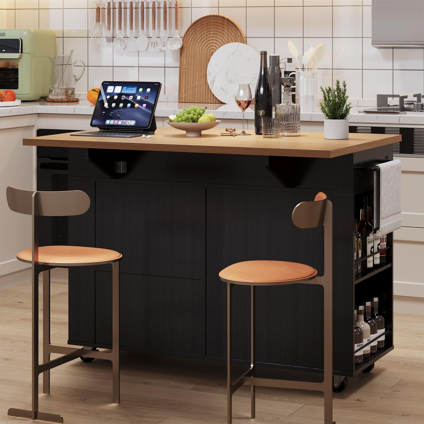 IDEALHOUSE Rolling Kitchen Island with Drop Leaf Countertop, Charging Station & Ample Storage - 47.2" Mobile Kitchen Cart On Wheels with Pull-Out Shelves, Drawers, Spice Rack & Organizer Divider