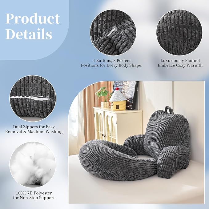 PAJEO Back Pillow for Bed Sitting Up,U Shaped & Back Support Pillow for Bed,19" Backrest with Lumbar & Arm Support,Comfy Corduroy Fabric,Lap Pillow for Gaming/Reading/Watching TV,Gray
