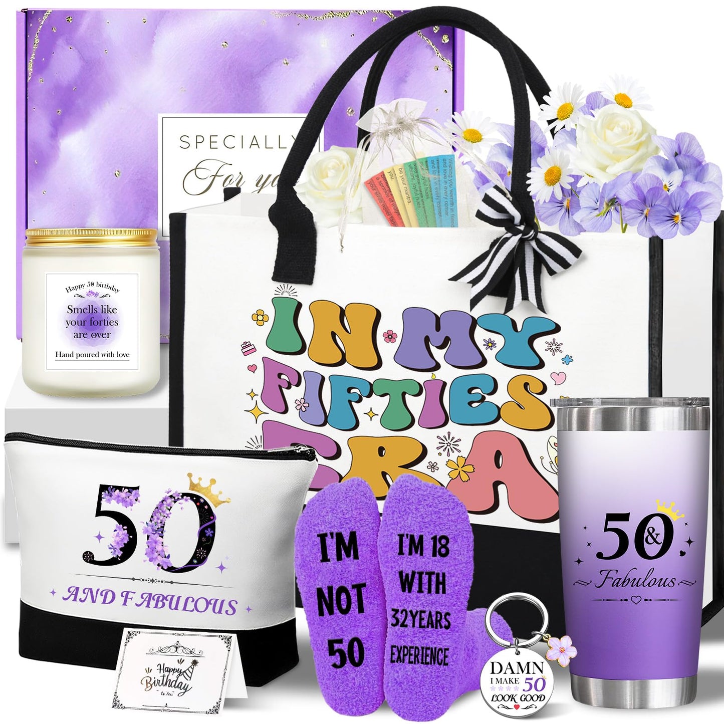 50th Birthday Gifts for Women Her, Funny Birthday Gifts for 50 Year Old Woman, Unique 50 Fabulous 1975 Tote Bag Set, Happy 50th BirthdayGift Basket for Her Mom Sister Friend Wife