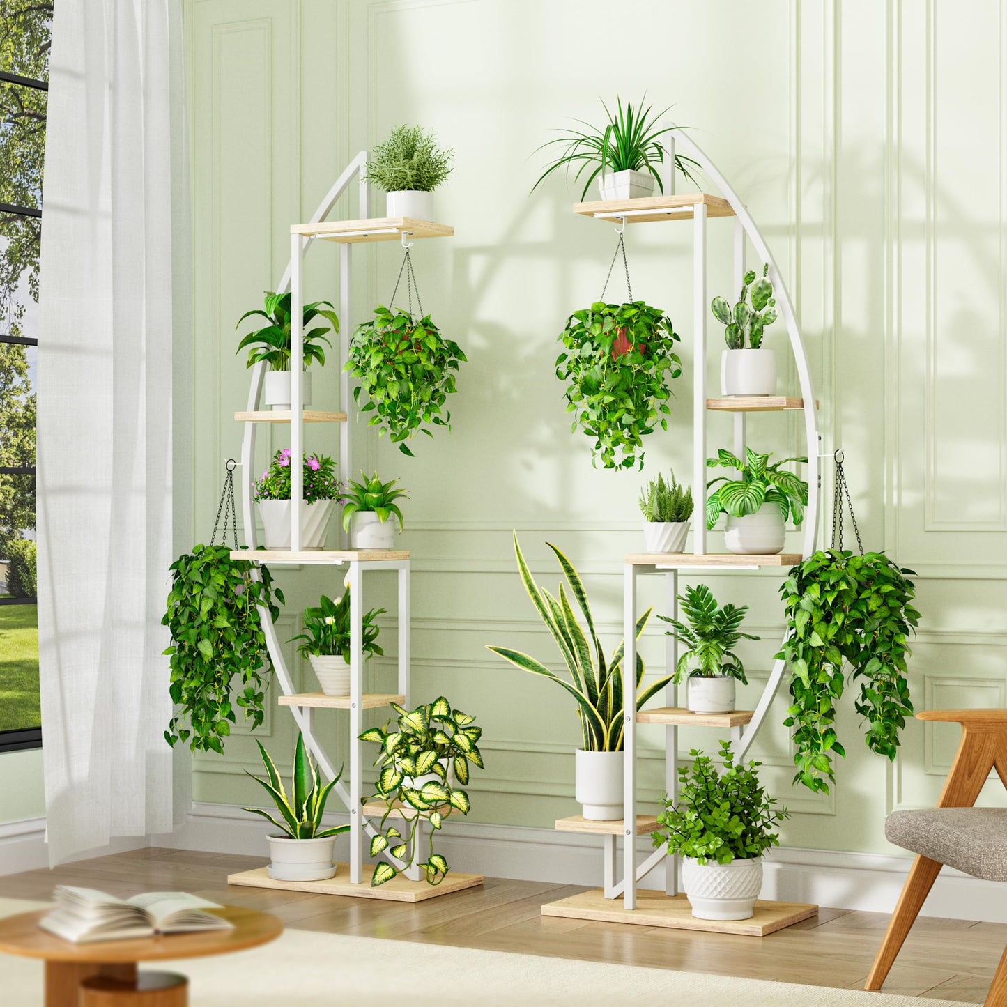 BACEKOLL 63" Metal Plant Stand Indoor With Grow Lights - 6 Tiered Tall Shelf for Multiple Plants, Half-Moon Rack Display, Holder for Living Room, Patio - White
