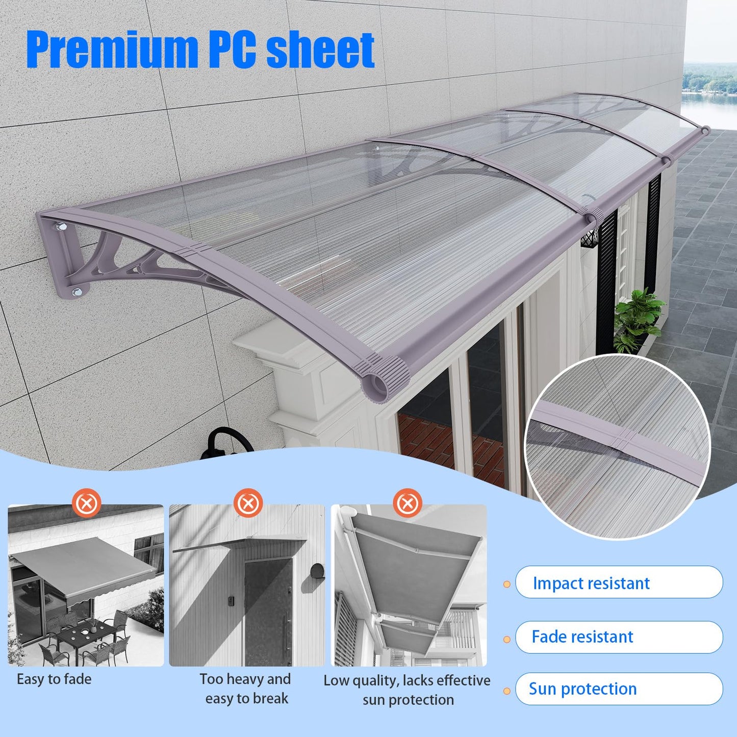 GGNEBAI Awning for Door Entrance,32x48 inches Awnings for Doors with Separate Drainage,Front Door Awning Exterior,Polycarbonate UV, Rain, and Snow Protection for Porch,Patio,Window,Deck