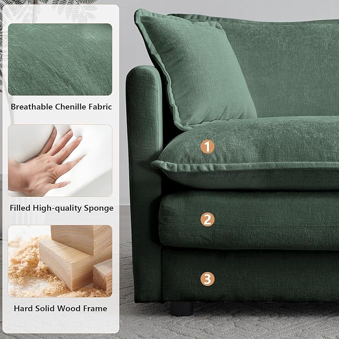 mikibama Luxury Modular Sectional Sofa, 146.5" Modern Chenille Comfy Cloud Couches for Living Room Office, 4 Seater Deep Sofa with 2 Armrest Pillows and 4 Toss Pillows, Evergreen