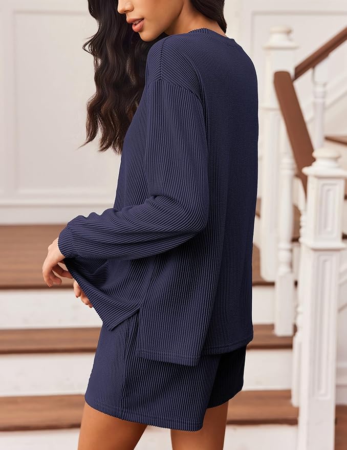 Ekouaer 2 Pieces Lounge Set for Women Long Sleeve Pajamas Top and Shorts Matching Sets Outfits with Pockets