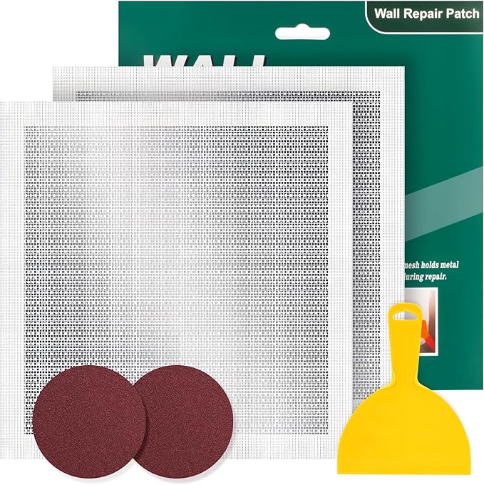 12 Inch Drywall Repair Kit, Self-Adhesive Mesh Drywall Repair Patch, The Wall Repair Kit with Scraper and Sandpaper is Suitable for Repairing Large Holes in Walls and Ceilings, Wall Hole Repair Tool