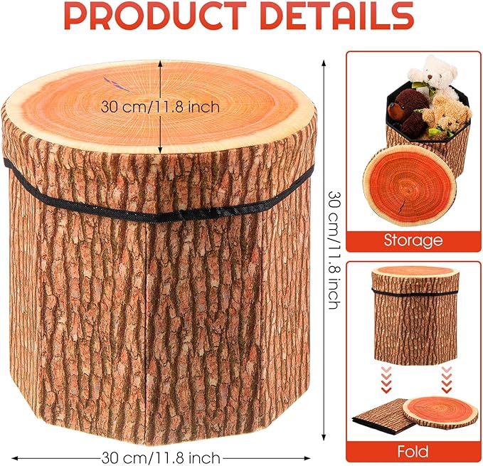 Amylove 6 Pack Tree Stump Storage Stool 12 x 12 Inch Stool Ottoman, Cute Folding Storage Toy Box with Foam Cushion, Collapsible Seat Chest (Classic)