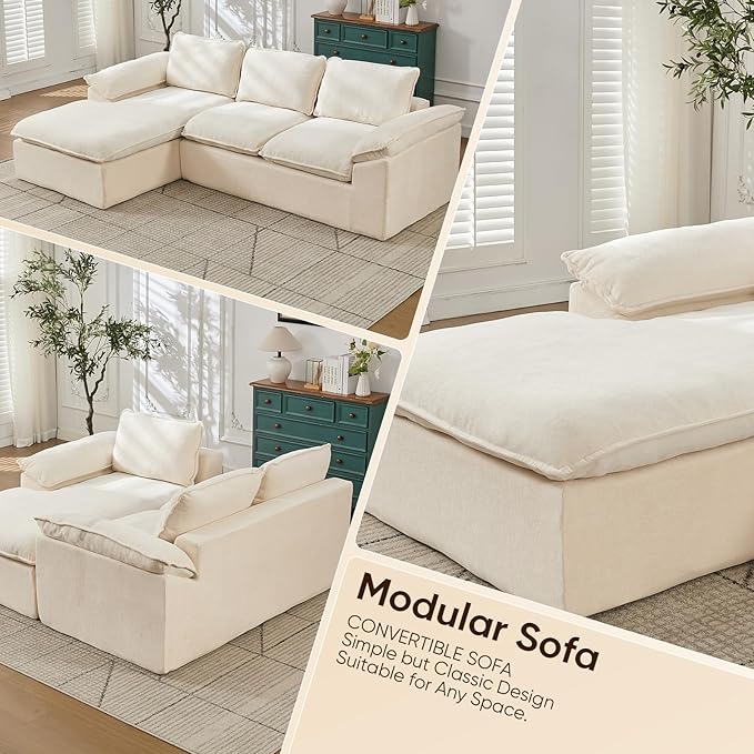 YAAREE 105.6”L Shape Modular Sectional Couch for Living Room, Modern Cloud Sectional 3 Seat Sofa with Oversized Chaise, Woven Texture Upholstery Boneless Couch (Beige, Left Facing Chaise)