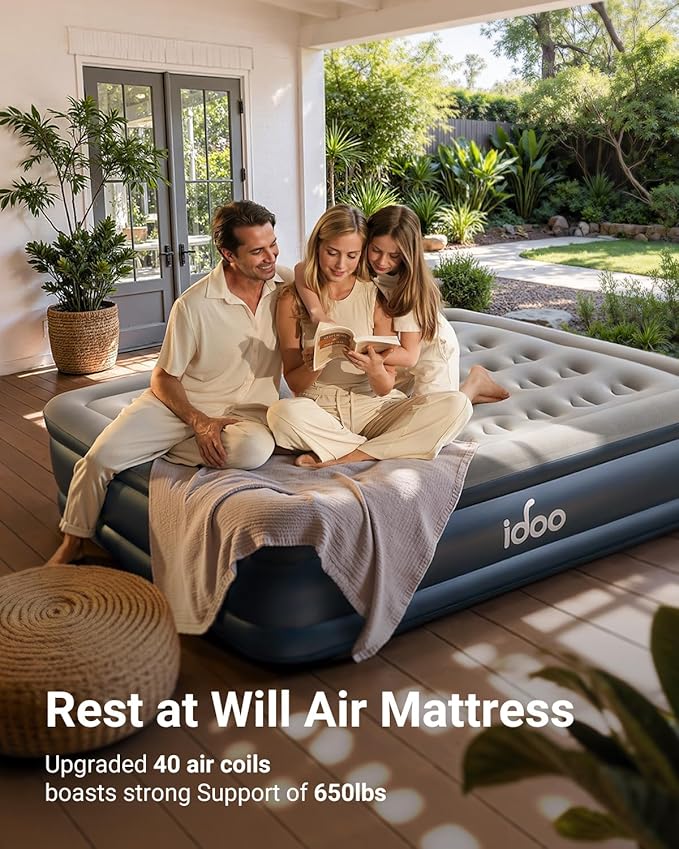 iDOO Queen Air Mattress with Built in Pump, 18 Raised Comfort Inflatable Mattress Blow up Mattress, Upgraded Four Chamber Portable Air Bed for Camping, Guests and Home, Colchon Inflable, 650 lbs Max