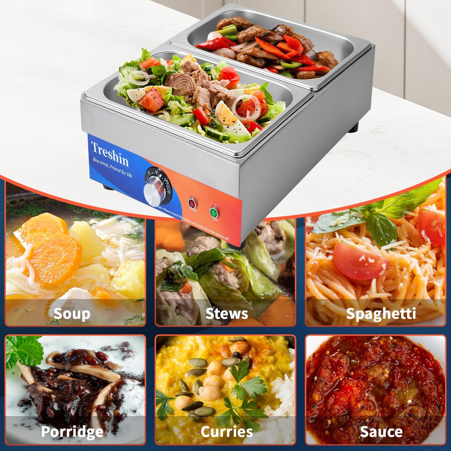 Treshin 2 Pan Commercial Food Warmer, Stainless Steel Bain Marie Food Warmers Steam Table 15 Qt 1200W with Temperature Control & Lid for Home, Catering, Restaurants