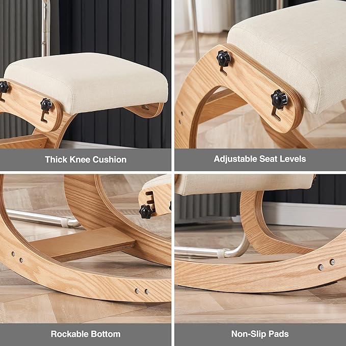 HoeuThien Ergonomic Kneeling Chair, Adjustable Rocking Office Chair Wooden Knee Chair Posture Chair for Home Office Back Pain Relief, Beige