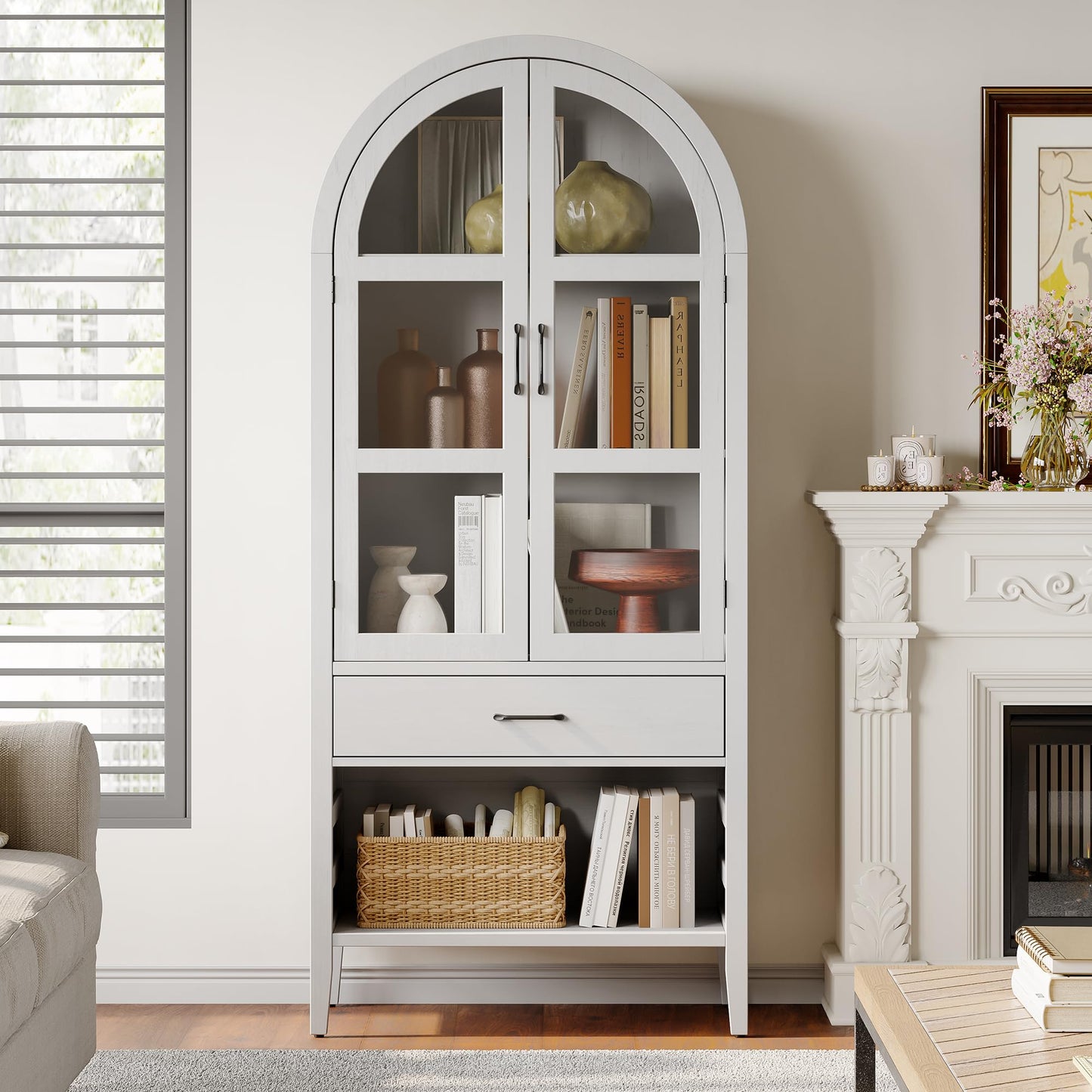 ONBRILL 71" Tall Wine Bar Cabinet, Arched Storage Cabinets with Door, Whiskey Station with Wine Rack and Glass Holder, Liquor Bar Cabinet for Home Kitchen Living Dining Room (Off White)