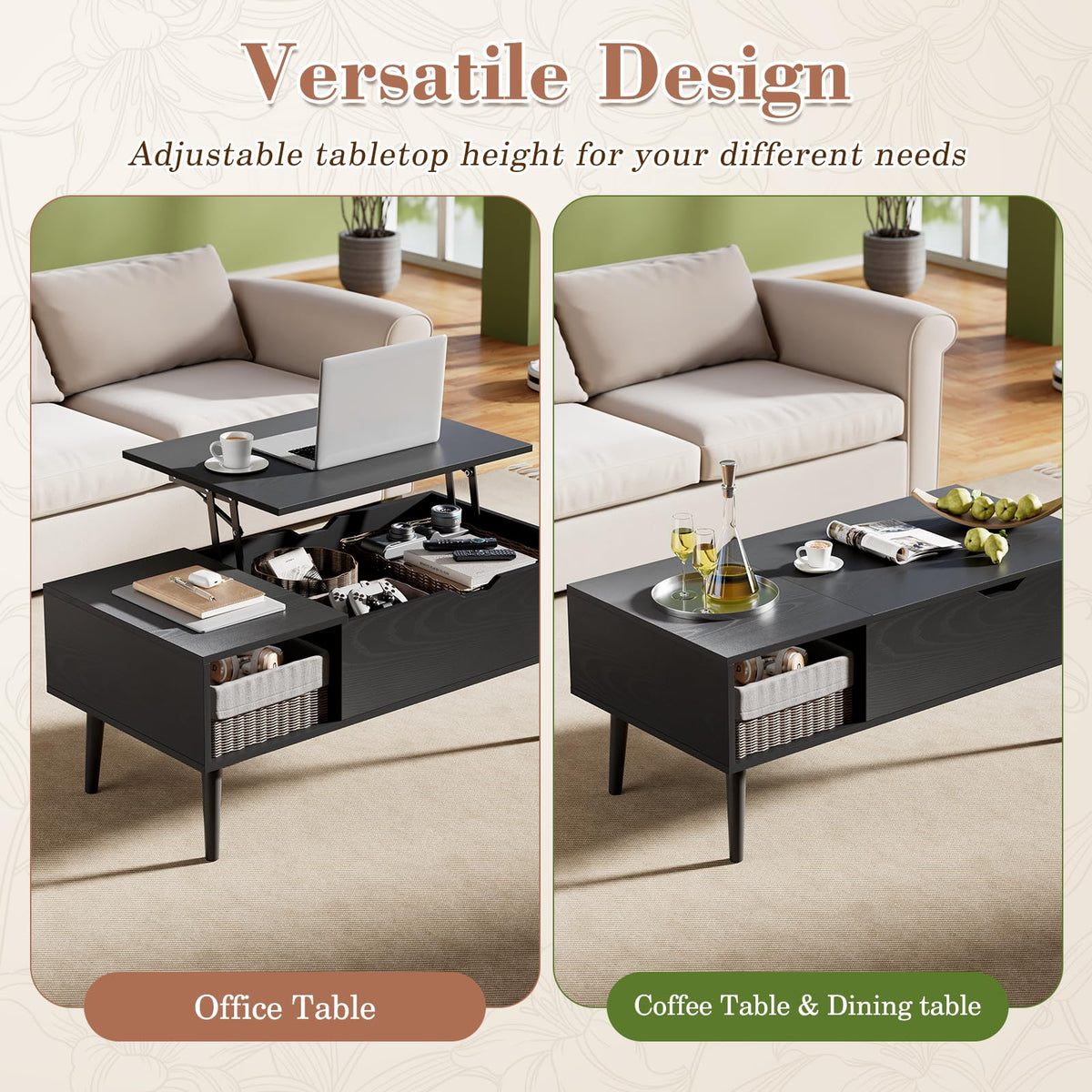 OLIXIS Wooden Coffee Table, Lift Top Coffee Table with Large Hidden Compartment and Ample Storage Shelf, Lift Tabletop Dining Table for Living Room, Home Small Space, Charcoal