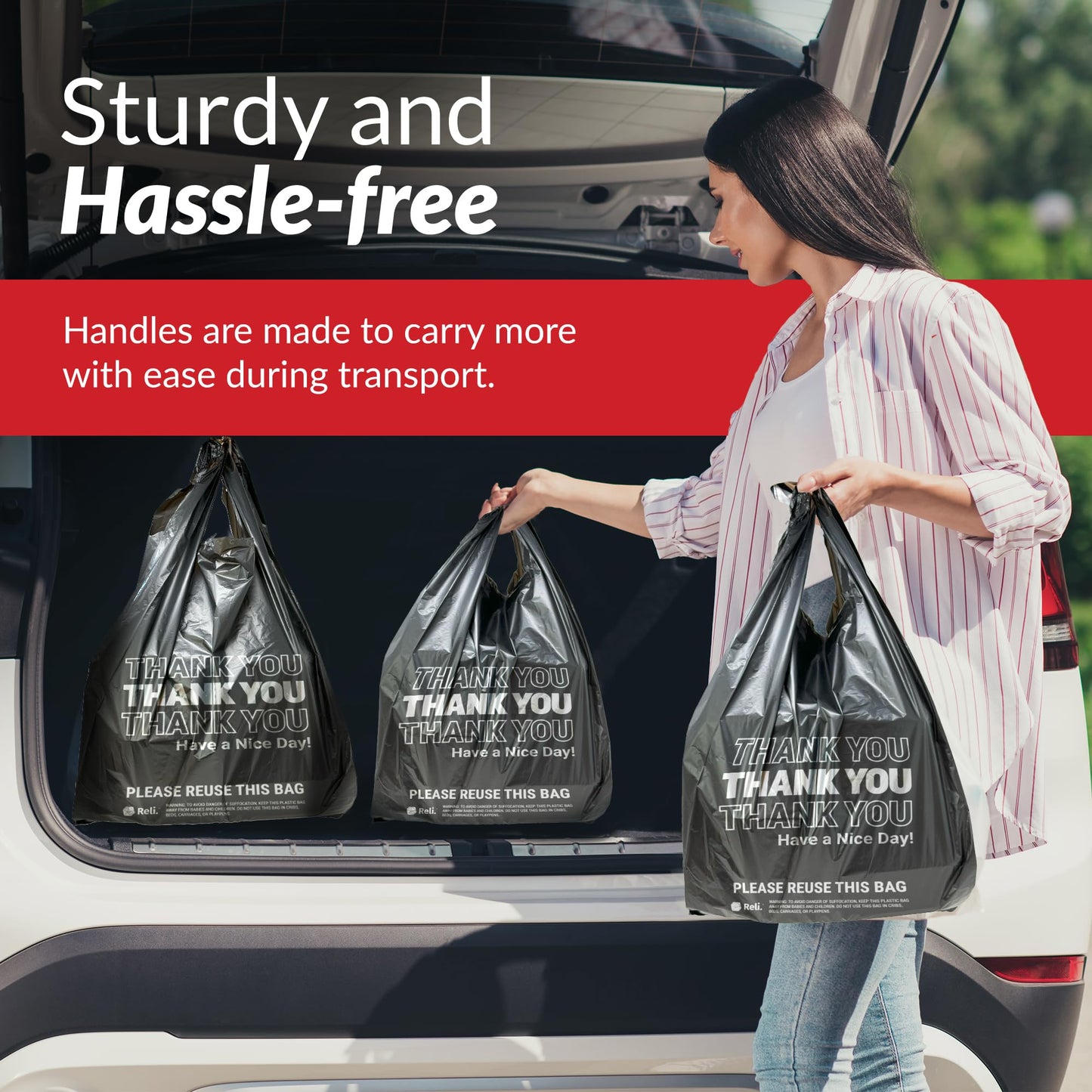 Reli. Thank You Plastic Bags | 100 Pack | (11.5" x 6.5" x 21"), Black | Plastic Bags with Handles | Ideal for Grocery, Shopping, Food Take Out, Restaurants, Small Business