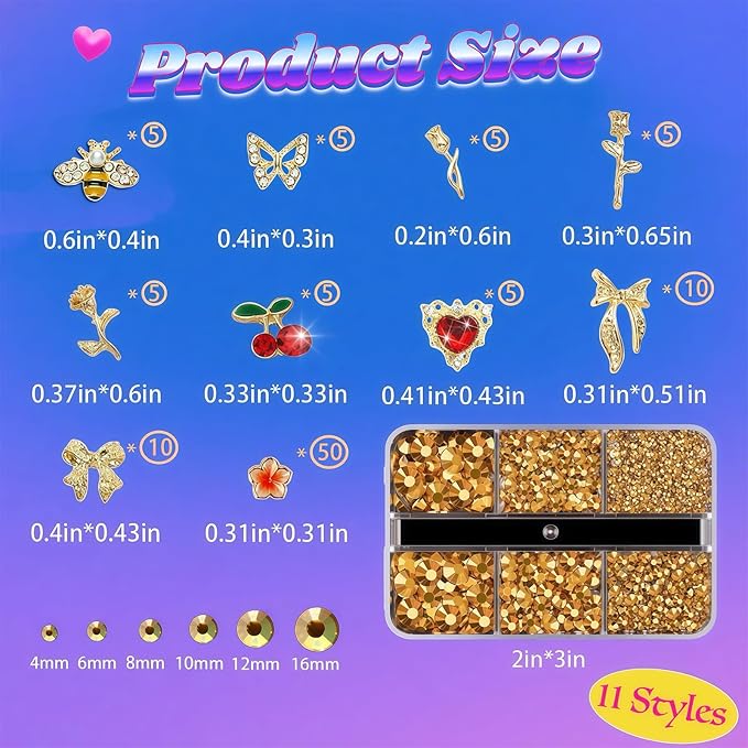 105 Pcs Y2K Gold Nail Charms Set - Gold Bees, Butterflies, Roses, Bows, Cherries, Cherry Blossoms Petals for Nail Decorations Jewelry