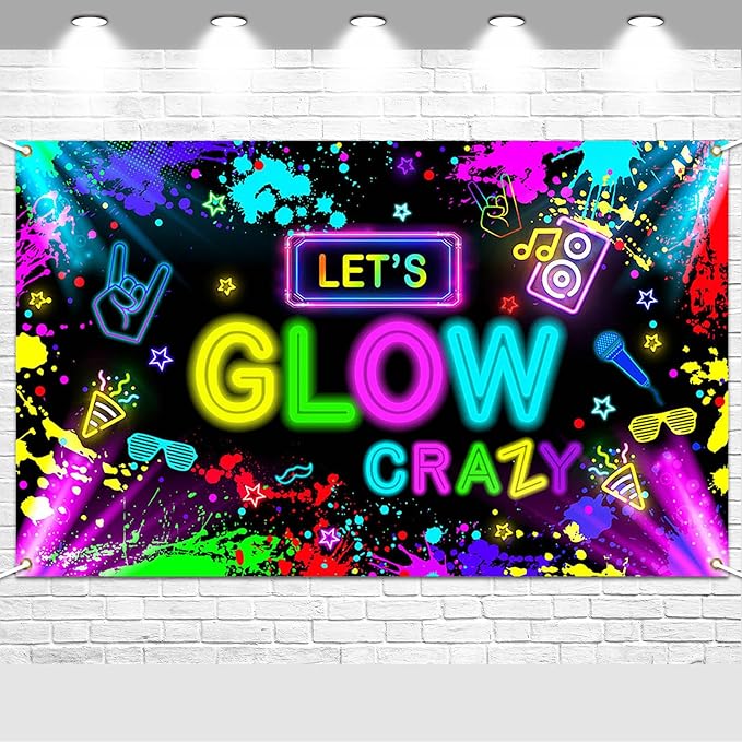 Avezano Glow in The Dark Backdrop Neon Party Decorations Let’s Glow Banner Birthday Party Background Graffiti Splash (No R...