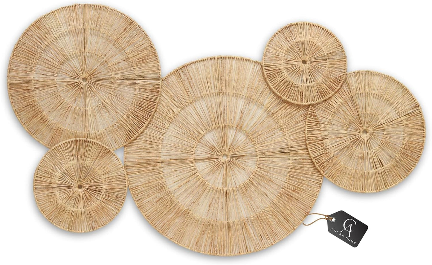 CHI AN HOME 18 Inch Boho Wall Decor – Set of 5 Woven Jute Wall Baskets, Boho Wall Art & Decorative Basket Set, Farmhouse Wall Hanging, Handwoven Wall Plates for Living Room, Bedroom – 18", 14", 11", 8", 7"